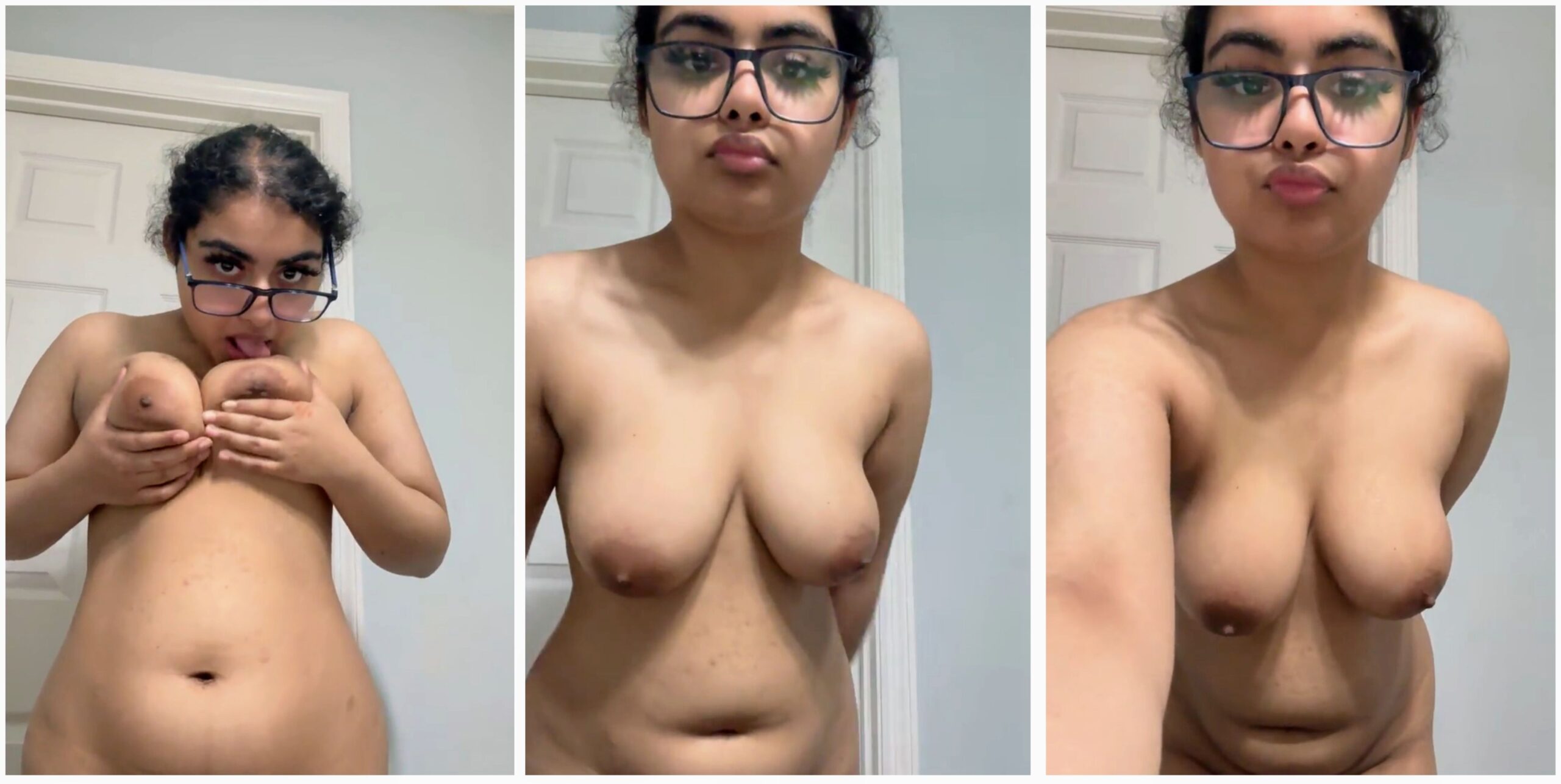 Horney chubby girlfriend licking her boobs
